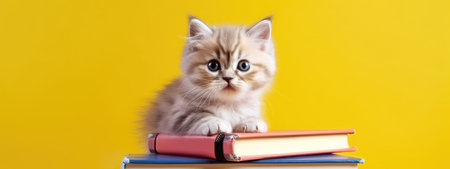 The concept of education and reading - a group of books with a cute kitten. celebrating a new school year. back-to-school. generative aiの素材