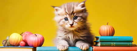 The concept of education and reading - a group of books with a cute kitten. celebrating a new school year. back-to-school. generative aiの素材