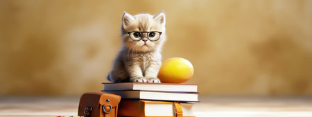 The concept of education and reading - a group of books with a cute kitten. celebrating a new school year. back-to-school. generative aiの素材