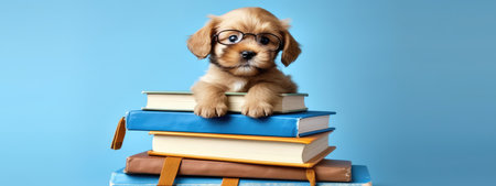 Education and reading concept - group of books with cute puppy. celebrating a new school year. back-to-school.. back-to-school. generative aiの素材