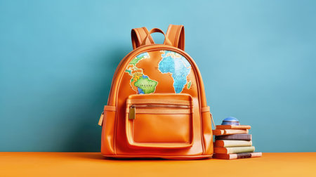 School backpack with educational books. Back to school concept. School books. background with school backpack. generative aiの素材