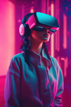 Girl in virtual reality glasses. neon light. metaverse. virtual world.の素材