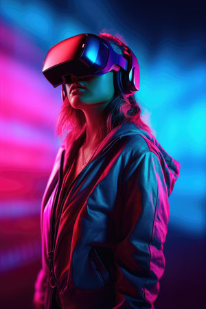 Girl in virtual reality glasses. neon light. metaverse. virtual world.の素材