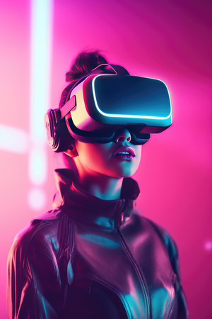 Girl in virtual reality glasses. neon light. metaverse. virtual world.の素材