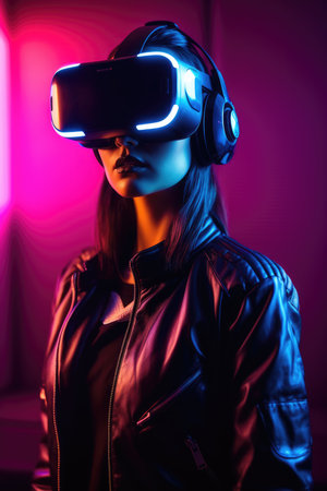 Girl in virtual reality glasses. neon light. metaverse. virtual world.の素材