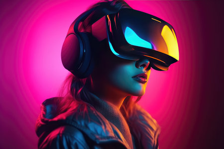 Girl in virtual reality glasses. neon light. metaverse. virtual world.の素材