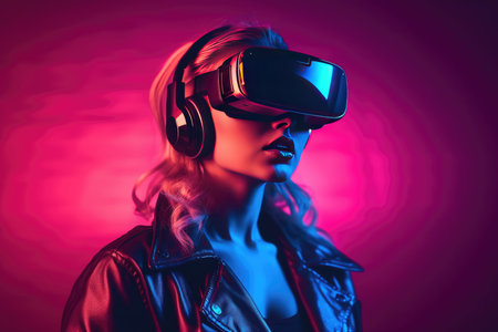 Girl in virtual reality glasses. neon light. metaverse. virtual world.の素材