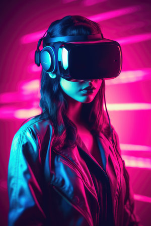 Girl in virtual reality glasses. neon light. metaverse. virtual world.の素材