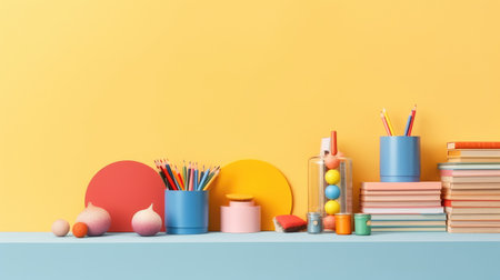 background school inventory in gentle colors, back to school. celebration of the new school year.の素材