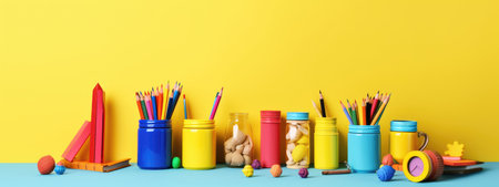 background school inventory in gentle colors, back to school. celebration of the new school year.の素材