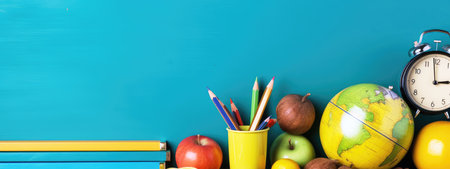 background school inventory in gentle colors, back to school. celebration of the new school year.の素材