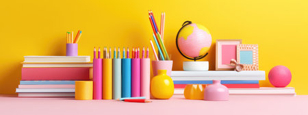 background school inventory in gentle colors, back to school. celebration of the new school year.の素材