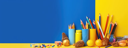 background school inventory in gentle colors, back to school. celebration of the new school year.の素材