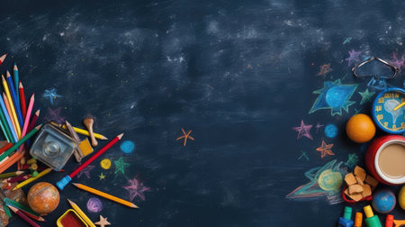 school supplies on the background of a school black board for design. back to school concept. the beginning of the school year, September 1.の素材