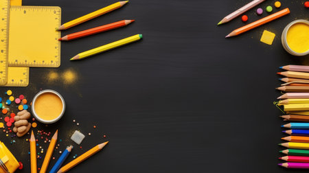 school supplies on the background of a school black board for design. back to school concept. the beginning of the school year, September 1.の素材