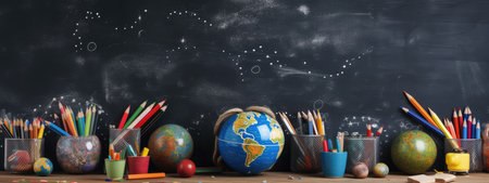 school supplies on the background of a school black board for design. back to school concept. the beginning of the school year, September 1.の素材