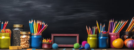 school supplies on the background of a school black board for design. back to school concept. the beginning of the school year, September 1.の素材