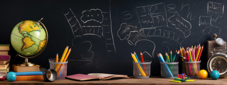 school supplies on the background of a school black board for design. back to school concept. the beginning of the school year, September 1.の素材