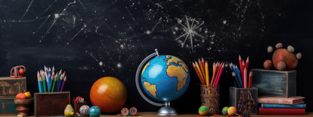 school supplies on the background of a school black board for design. back to school concept. the beginning of the school year, September 1.の素材