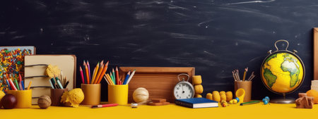 school supplies on the background of a school black board for design. back to school concept. the beginning of the school year, September 1.の素材