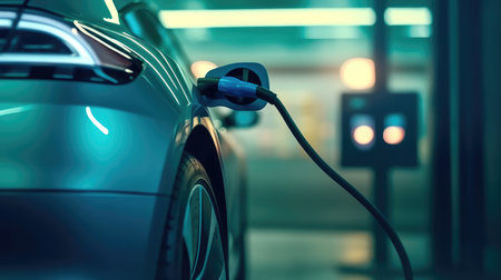 EV charging station for electric vehicle in green energy and eco energy concept, CO2 emission reduction. Charging an electric car.の素材