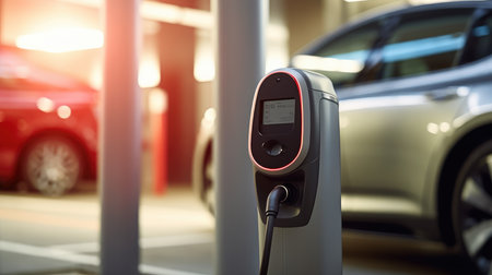EV charging station for electric vehicle in green energy and eco energy concept, CO2 emission reduction. Charging an electric car.の素材