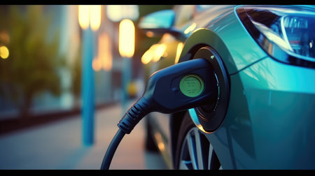 EV charging station for electric vehicle in green energy and eco energy concept, CO2 emission reduction. Charging an electric car.の素材