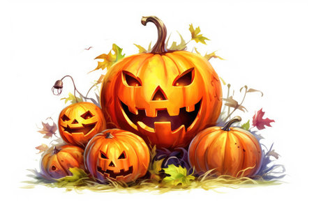 A glowing Halloween pumpkin isolated on a white background. day of the dead.の素材