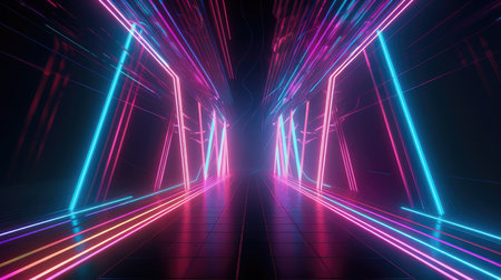 Corridor interior design with neon illumination. Abstraction, space, neon corridor. neon lighting.の素材
