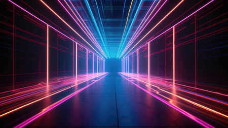 Corridor interior design with neon illumination. Abstraction, space, neon corridor. neon lighting.の素材