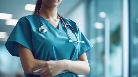 Health care and medical concept. Doctor with a stethoscope close-up. medical officer.の素材