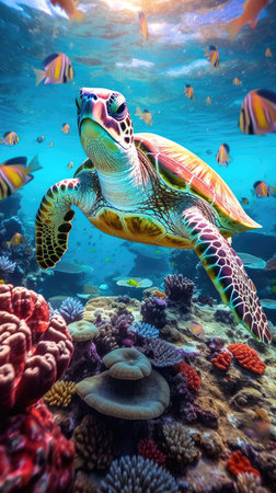 sea turtle with a group of colorful fish and colorful corals underwater in the ocean, underwater world in the ocean.の素材