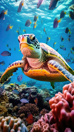 sea turtle with a group of colorful fish and colorful corals underwater in the ocean, underwater world in the ocean. Generative AIの素材