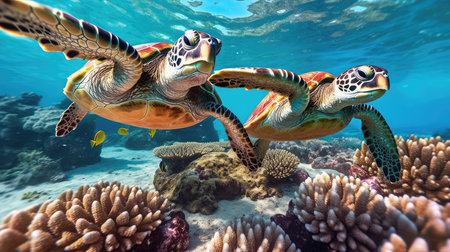 sea turtle with a group of colorful fish and colorful corals underwater in the ocean, underwater world in the ocean.の素材