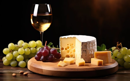 Cheese platter with organic cheeses, fruits, nuts and wine on a wooden background. Delicious cheese appetizer for wine. Wine tasting with cheese.の素材