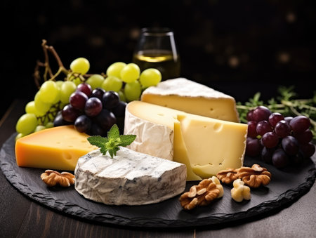 Cheese platter with organic cheeses, fruits, nuts and wine on a wooden background. Delicious cheese appetizer for wine. Wine tasting with cheese.の素材