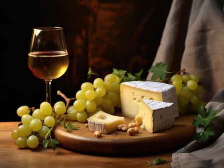 Cheese platter with organic cheeses, fruits, nuts and wine on a wooden background. Delicious cheese appetizer for wine. Wine tasting with cheese.の素材
