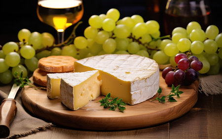 Cheese platter with organic cheeses, fruits, nuts and wine on a wooden background. Delicious cheese appetizer for wine. Wine tasting with cheese.の素材