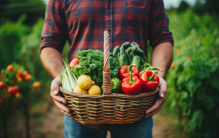 an elderly man holding a basket of vegetables, a retired elderly man in his garden with a harvest of organic vegetables, home farming.の素材