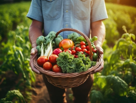 an elderly man holding a basket of vegetables, a retired elderly man in his garden with a harvest of organic vegetables, home farming.の素材