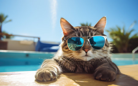 Funny fluffy cat in sunglasses is relaxing in the pool while on vacation in the tropics. Vacation and travel concept. cat in sunglassesの素材