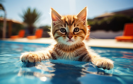 Funny fluffy cat in sunglasses is relaxing in the pool while on vacation in the tropics. Vacation and travel concept. cat in sunglassesの素材