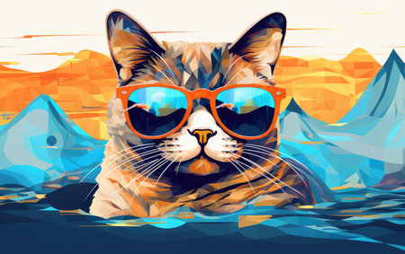 Funny fluffy cat in sunglasses is relaxing in the pool while on vacation in the tropics. Vacation and travel concept. cat in sunglassesの素材