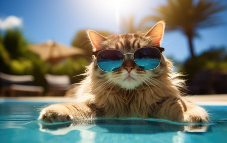 Funny fluffy cat in sunglasses is relaxing in the pool while on vacation in the tropics. Vacation and travel concept. cat in sunglassesの素材