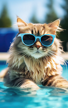 Funny fluffy cat in sunglasses is relaxing in the pool while on vacation in the tropics. Vacation and travel concept. cat in sunglassesの素材