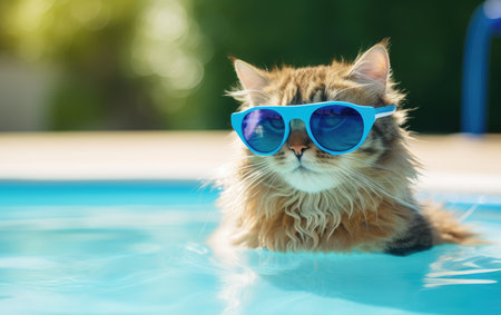 Funny fluffy cat in sunglasses is relaxing in the pool while on vacation in the tropics. Vacation and travel concept. cat in sunglassesの素材