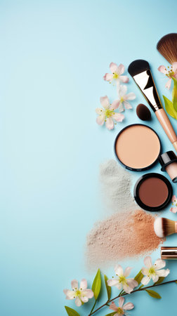 Background with cosmetics for women on a plain background, beauty accessories for the face. copy space.の素材