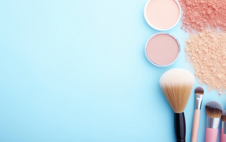 Background with cosmetics for women on a plain background, beauty accessories for the face. copy space.の素材