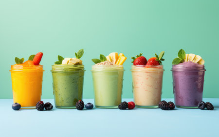 Fruit smoothies - smoothies with berries and fruits on a plain background, healthy drinks, healthy eating. organic fresh drinks.の素材