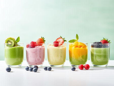 Fruit smoothies - smoothies with berries and fruits on a plain background, healthy drinks, healthy eating. organic fresh drinks.の素材